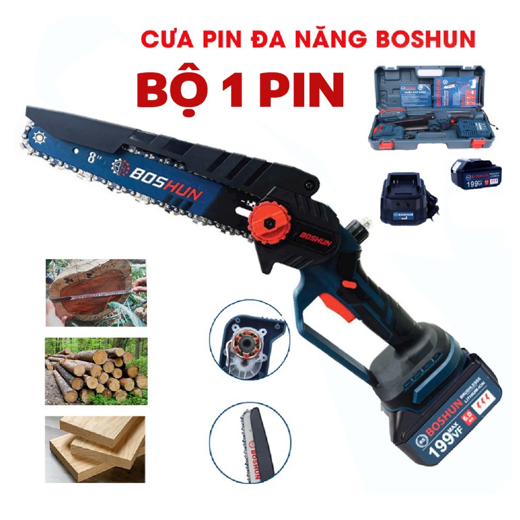 Máy Cưa Xích Dùng Pin BOSHUN - Pin 199v Lưỡi Cắt Sắc Bén, Không Chổi Than, Chân Pin Phổ Thông, Bảo Hành 6 Tháng BS-AB403