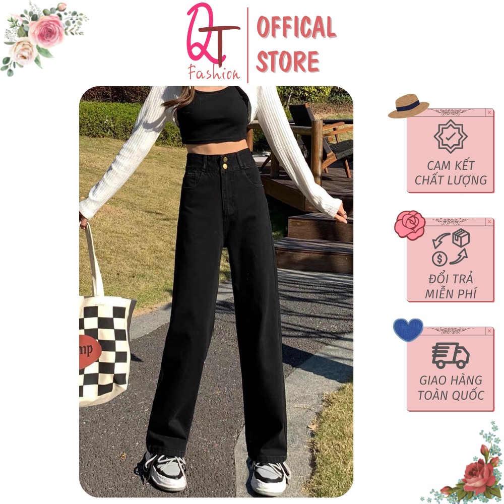 Quần jean nữ cạp cao Quần Jean cạp cao ống rộng đen 2 cúc tôn dáng chân dài miên man, đủ size S- M- L - quần bò nữ - quần bò cạp cao - quần jean ống rộng nữ
