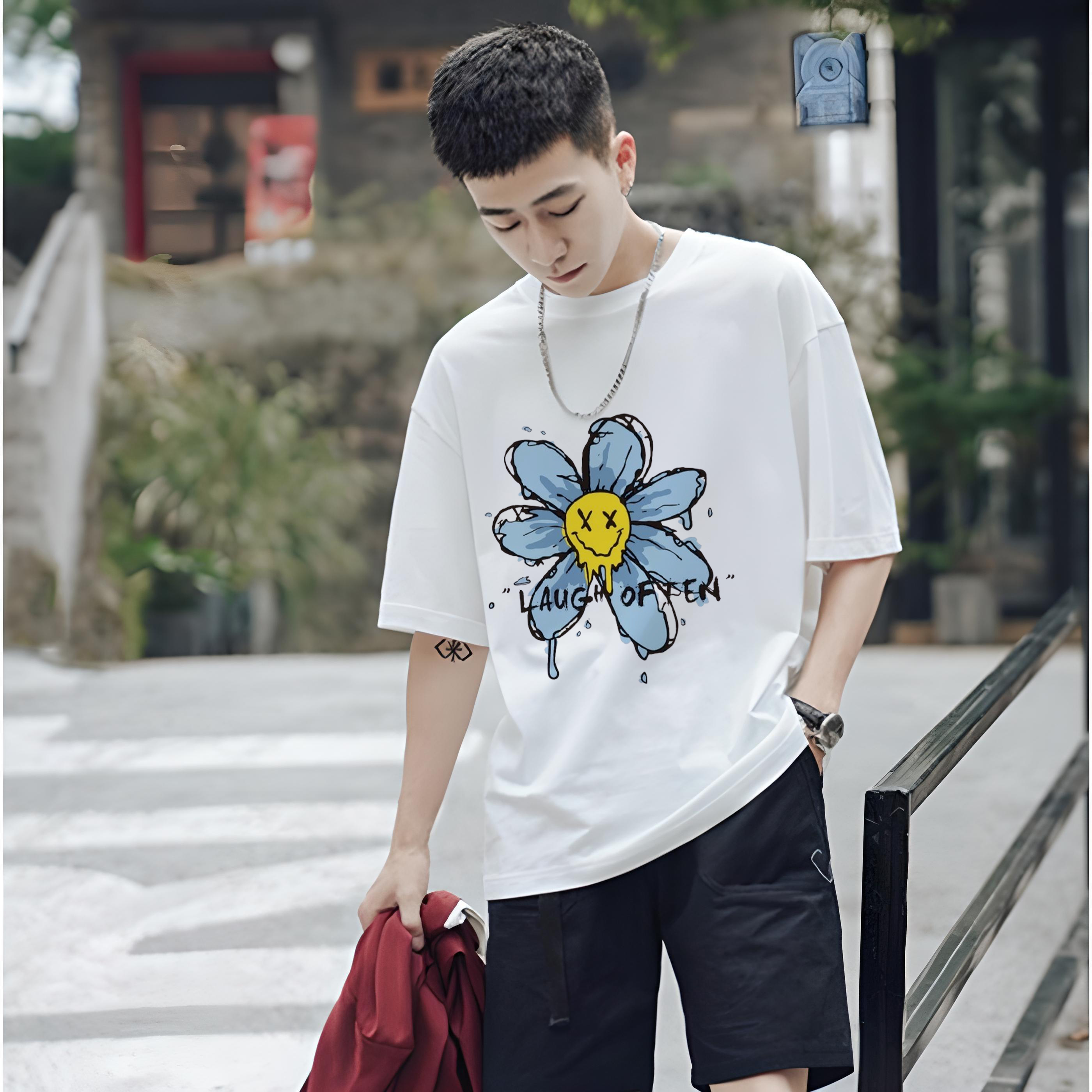 Áo thun nam nữ tay lỡ, áo phông unisex form rộng hoa cúc oversize