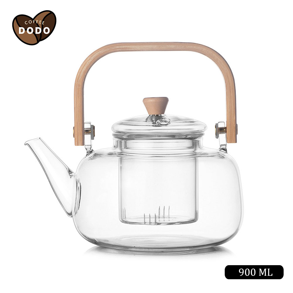 Ấm trà thuỷ tinh chịu nhiệt 900ml có lõi lọc thủy tinh Bình trà thuỷ tinh có tay cầm tre độc đáo Ấm pha trà có thể làm nóng bằng bếp gas và bếp gốm điện Bình pha trà Glass tea pot DODO