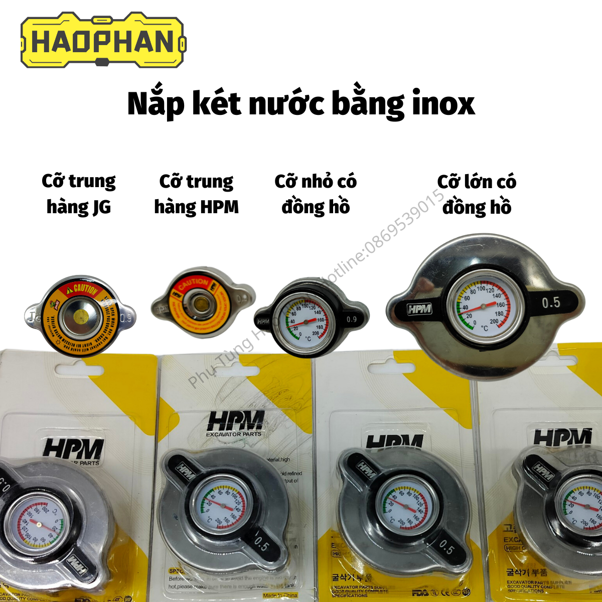 Nắp két nước, nắp két nước ô tô HPM inox304 có đồng hồ nhiệt kế làm mát động cơ cho ô tô, xe tải, máy công trình