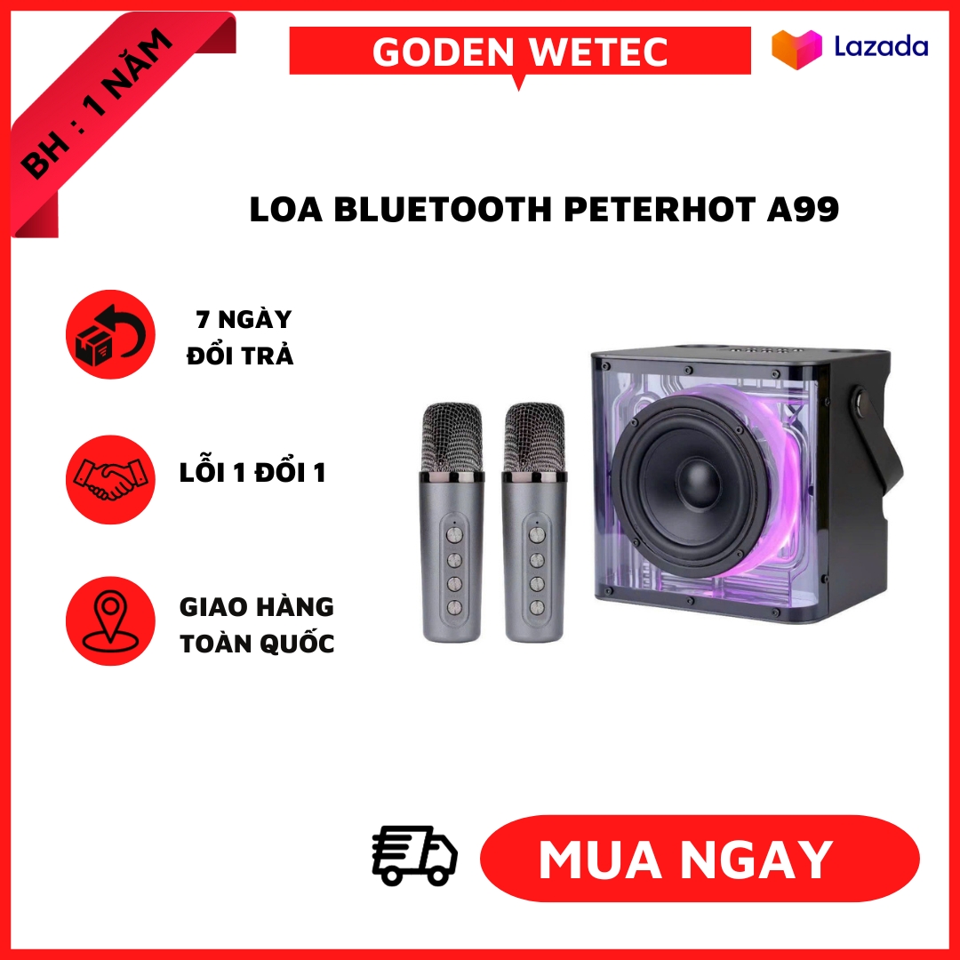 Loa Karaoke Bluetooth Peter A99 Âm Thanh Siêu Đỉnh. Thiết Kế Cực Đẹp Tặng Kèm 2 Micro Đèn LED Nháy Theo Nhạc. Loa Karaoke A99 Dễ Sử Dụng Độ Bền Cao Pin Trâu Goden wetec