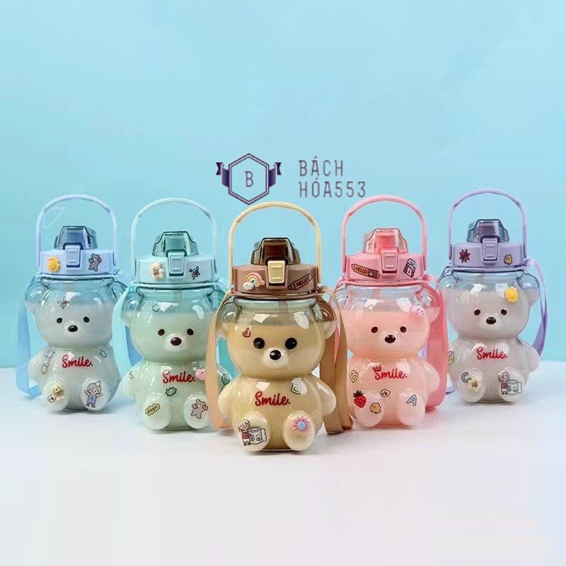 Bình nước hình gấu smile có dây đeo 1000ml bh1067