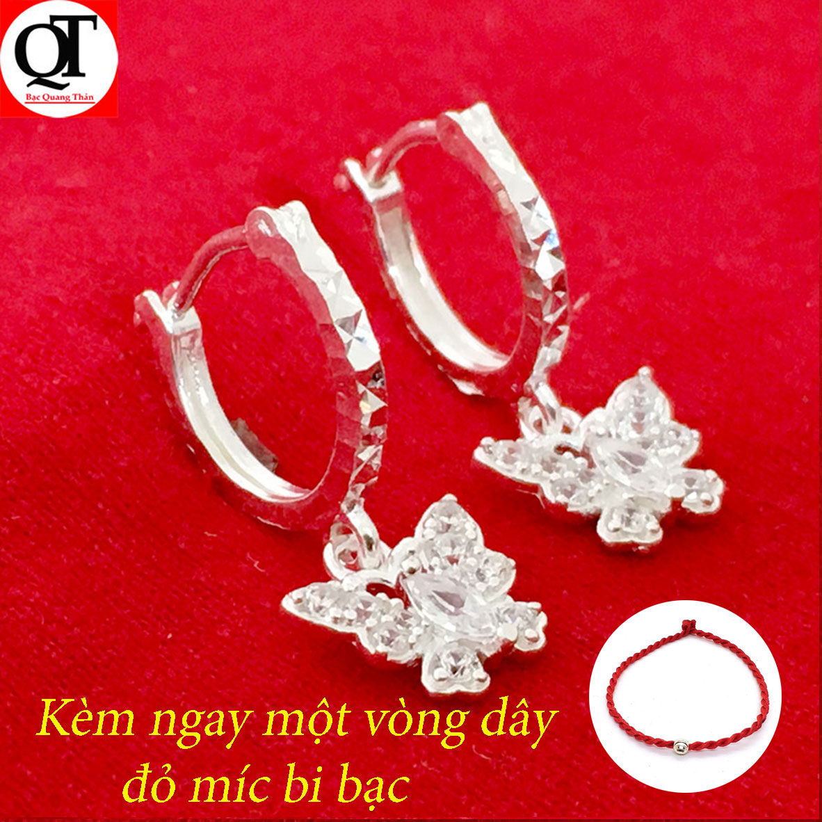 Bông tai bạc trẻ con Bạc Quang Thản thiết kế kiểu dáng dài treo hình con Bướm gắn đá trắng , phong cách thời trang phù hợp cho mọi lứa tuổi - QTBT38a