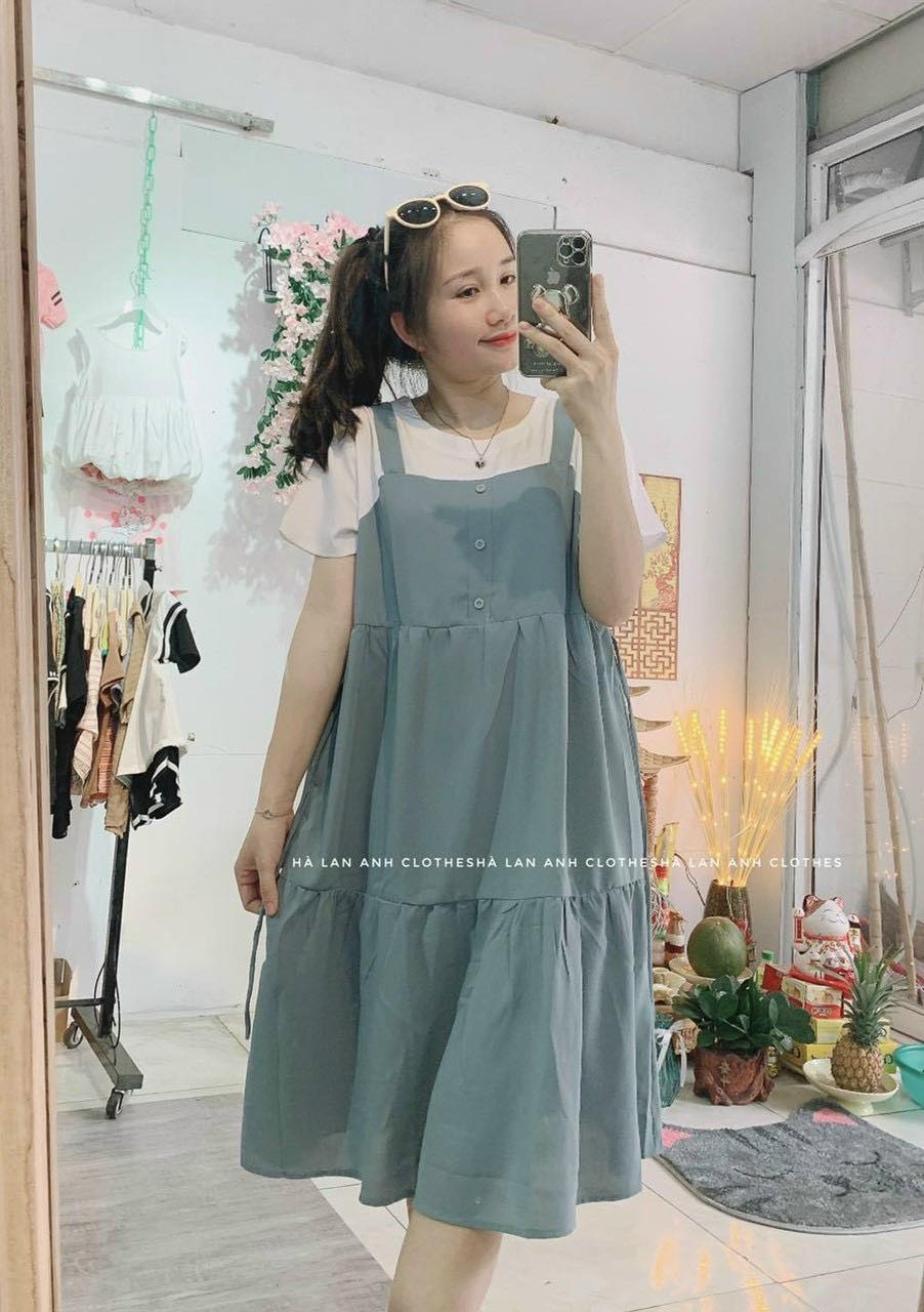 Váy yếm cộc trơn Xuân Hè chia tầng, cho mẹ bầu mặc nhà, đi chơi