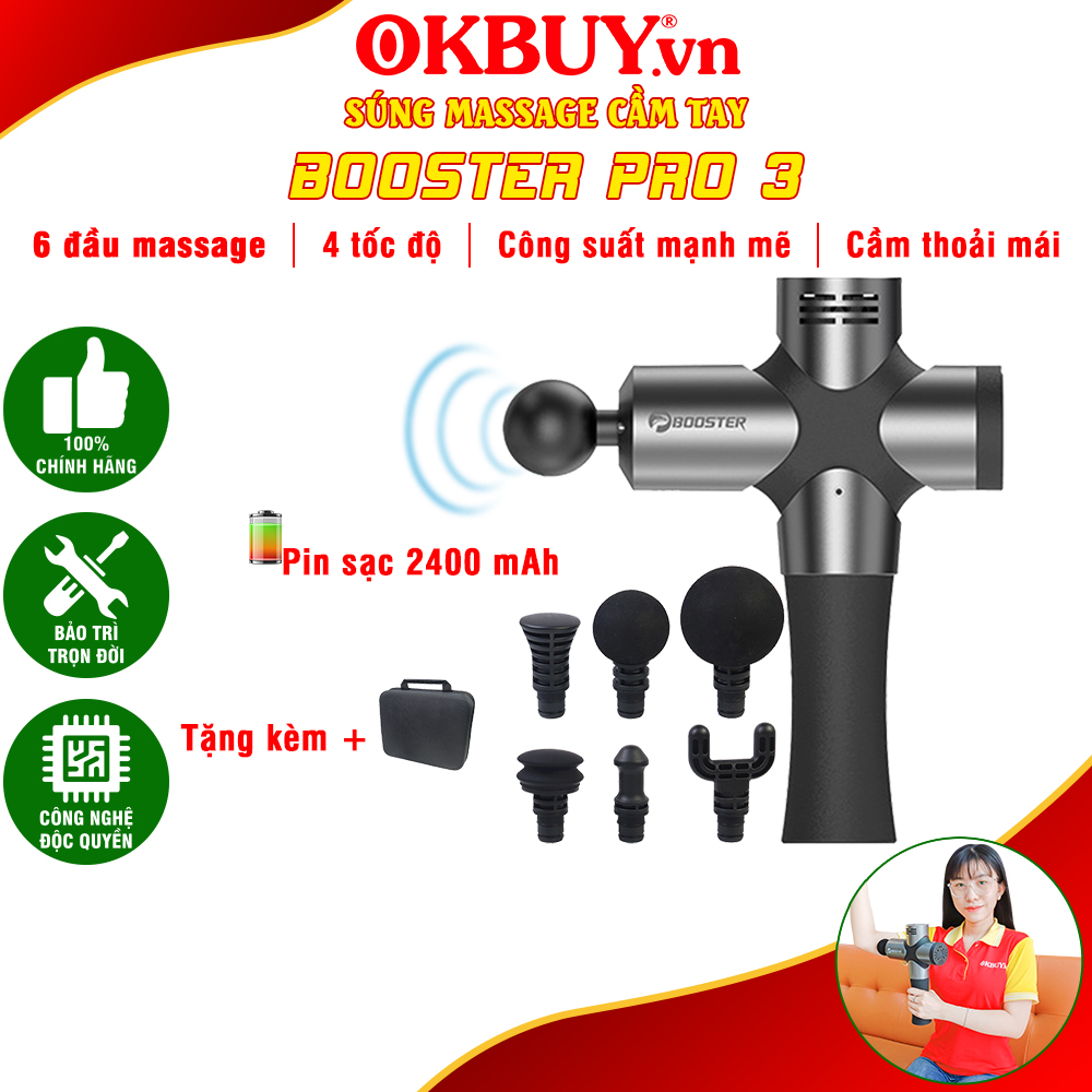 Súng massage cầm tay, máy mát xa cầm tay, máy giãn cơ cầm tay Booster PRO 3 - Công nghệ Mỹ, công suất 126W, 6 đầu massage, 4 tốc độ tùy chỉnh | OKBUY