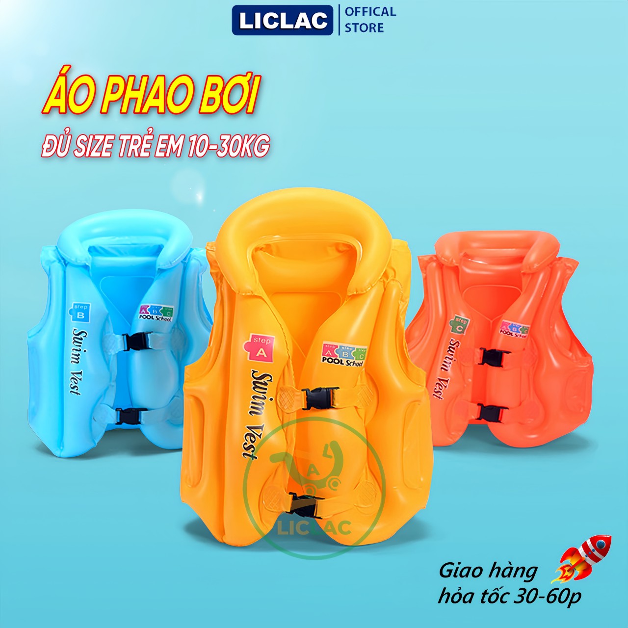 Áo Phao Bơm Hơi dùng cho trẻ em 10-30kg chất liệu PVC an toàn nhiều màu lựa chọn, Áo phao tập bơi bé trai bé gái