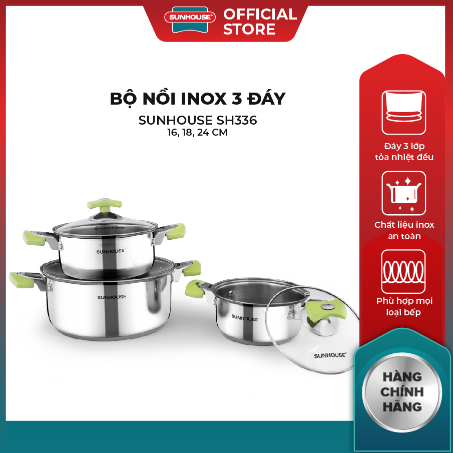 Bộ Nồi Inox 3 Đáy SUNHOUSE SH336 - 16, 18, 24 cm - Đáy 3 Lớp Truyền Nhiệt Nhanh - Chất Liệu Inox An Toàn - Phù Hợp Mọi Loại Bếp - Hàng Chính Hãng