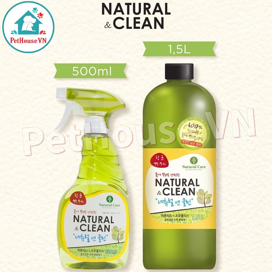 Natural core clean - chai 500ml & 1500ml xịt khử mùi diệt khuẩn cho chó & mèo hương khuynh diệp hàng chính hãng