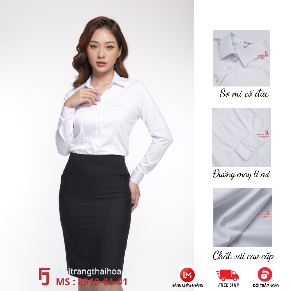Áo sơ mi nữ công sở Thái Hòa 8919-01-01. Áo sơ mi cao cấp dài tay,màu trắng, mặc rất thoải mái, chất liệu vải sợi tre siêu thoáng mát,
