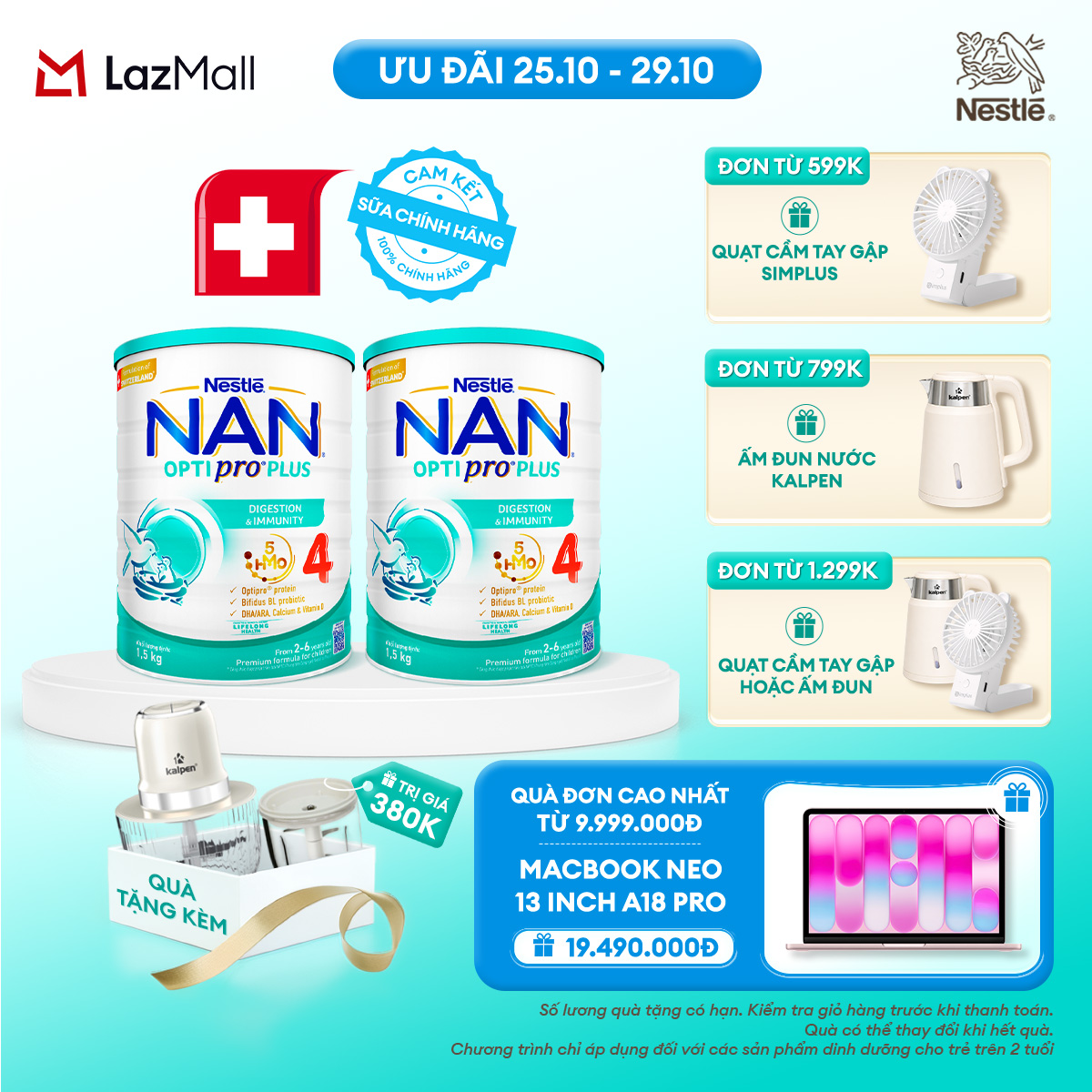 [CHỈ 25-29.10 QT ĐƠN 599K/799K/1299K] [Tặng Máy Xay Thịt Kalpen] Bộ 2 lon Sữa Bột Nestlé NAN OPTIPRO PLUS 4 1500g Cho Bé 2 - 6 Tuổi: Công Thức Độc Quyền Nhập Khẩu Từ Thụy Sỹ Chứa Phức Hợp 5-HMO