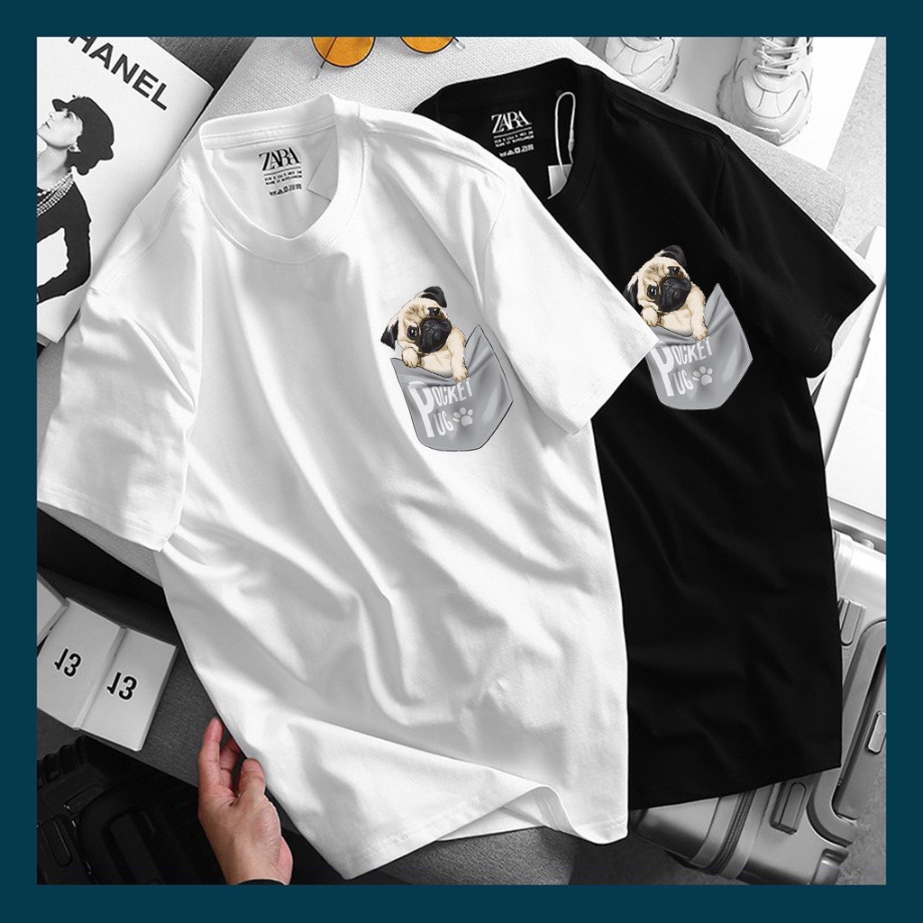 Áo thun unisex nam nữ in chú cún mặt xệ pug pocket siêu đẹp - áo thun cotton - chất lượng - giá rẻ.