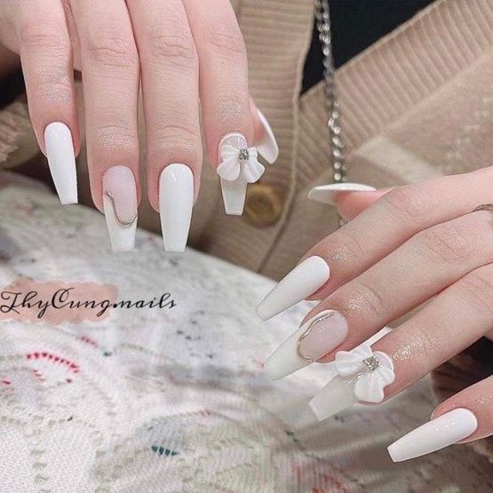Bộ 10 móng tay giả - nailbox thiết kế giá rẻ đính nơ trắng phong cách tiểu thư