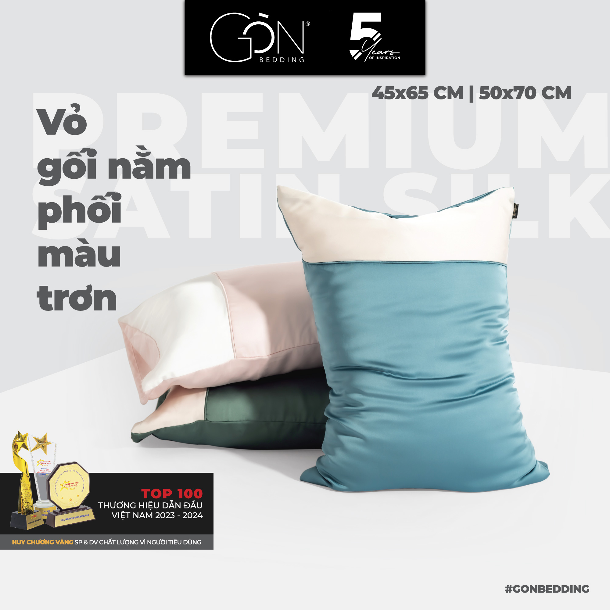 Vỏ gối nằm gòn bedding lụa satin premium cao cấp phối 2 màu trơn 50x70 cm