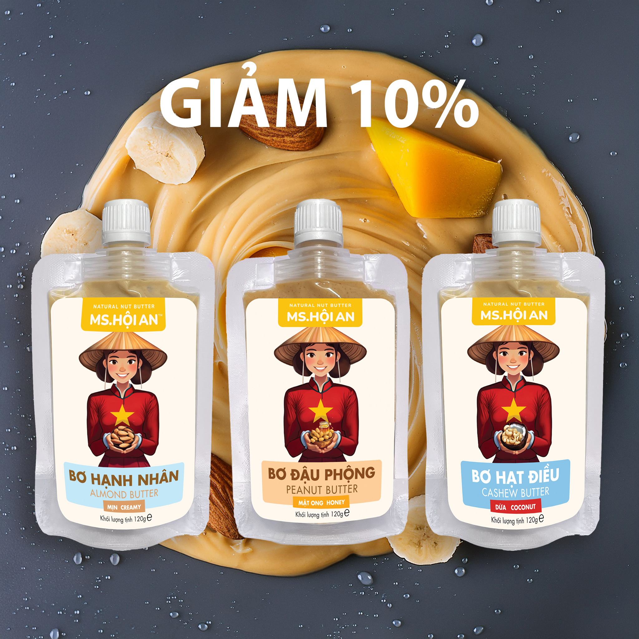 Combo 3 túi 360gr Giảm 10% | Bơ Hạnh Nhân Mịn \ Bơ Hạt điều Dừa \ Bơ Đậu Phộng Mật ong