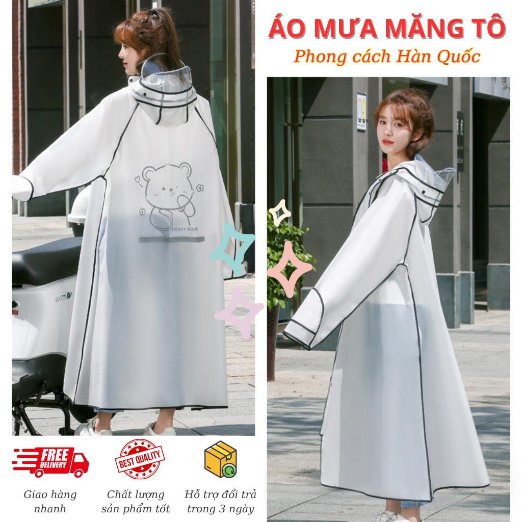 Áo mưa thời trang nữ trắng trong suốt 1 người chống nước tốt. Áo mưa măng tô nữ kiểu dáng Hàn Quốc cute dễ thương