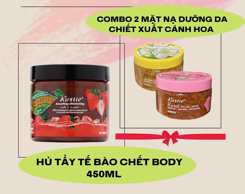 Combo quà tặng kustie tẩy tế bào chết body + 2 mặt nạ dưỡng ẩm chiết xuất cánh hoa