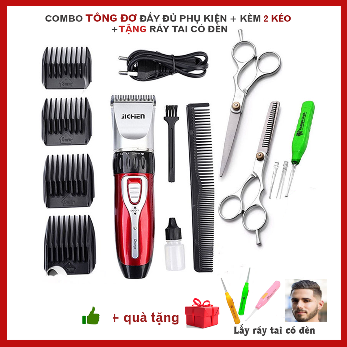 Tông đơ hớt tóc gia đình jichen jc – 0817 + 2 kéo hớt tóc và tỉa 6 inches