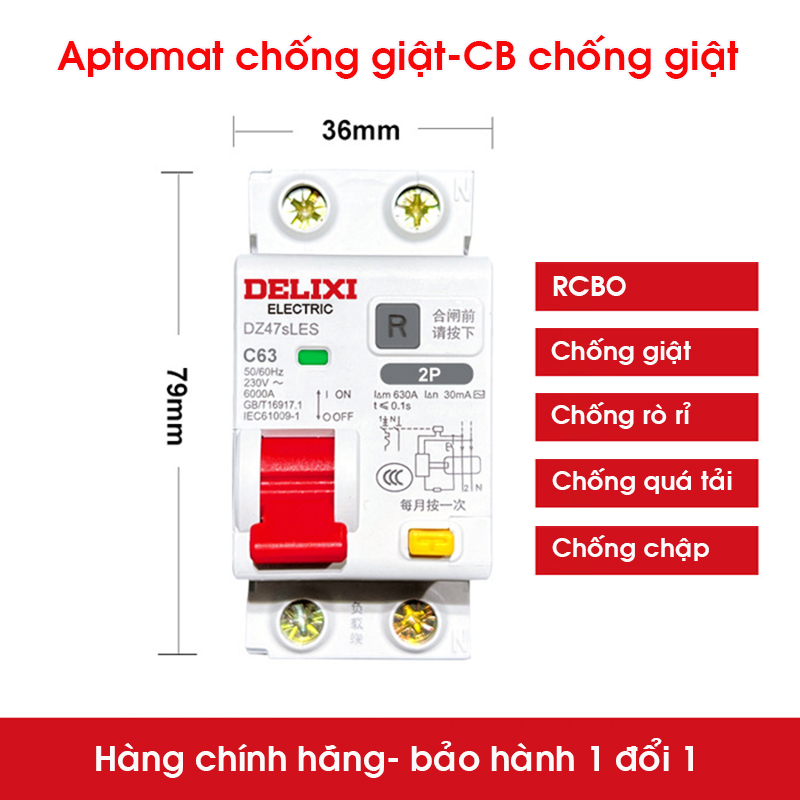 Aptomat chống giật Delixi C63 C40 C32 C20 C16 2 pha , Át tổng gia đình, cb chống giật, át chống giật