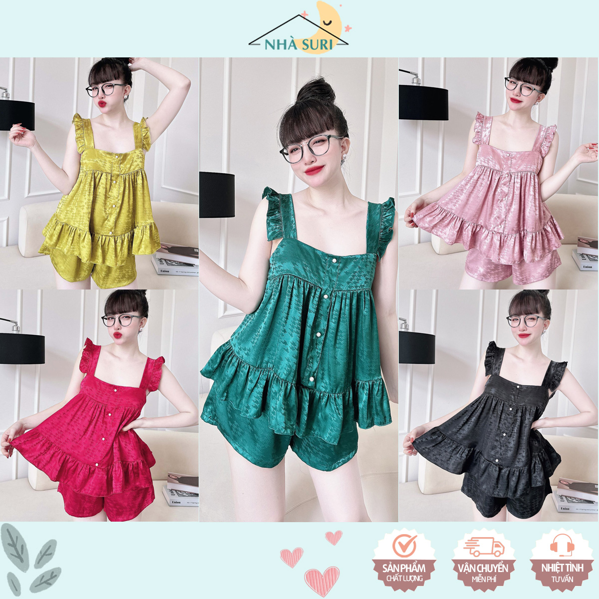 Đồ ngủ lụa gấm tơ tằm cao cấp 2 dây cánh tiên mặc nhà sang mịn thoáng mát quyến rũ