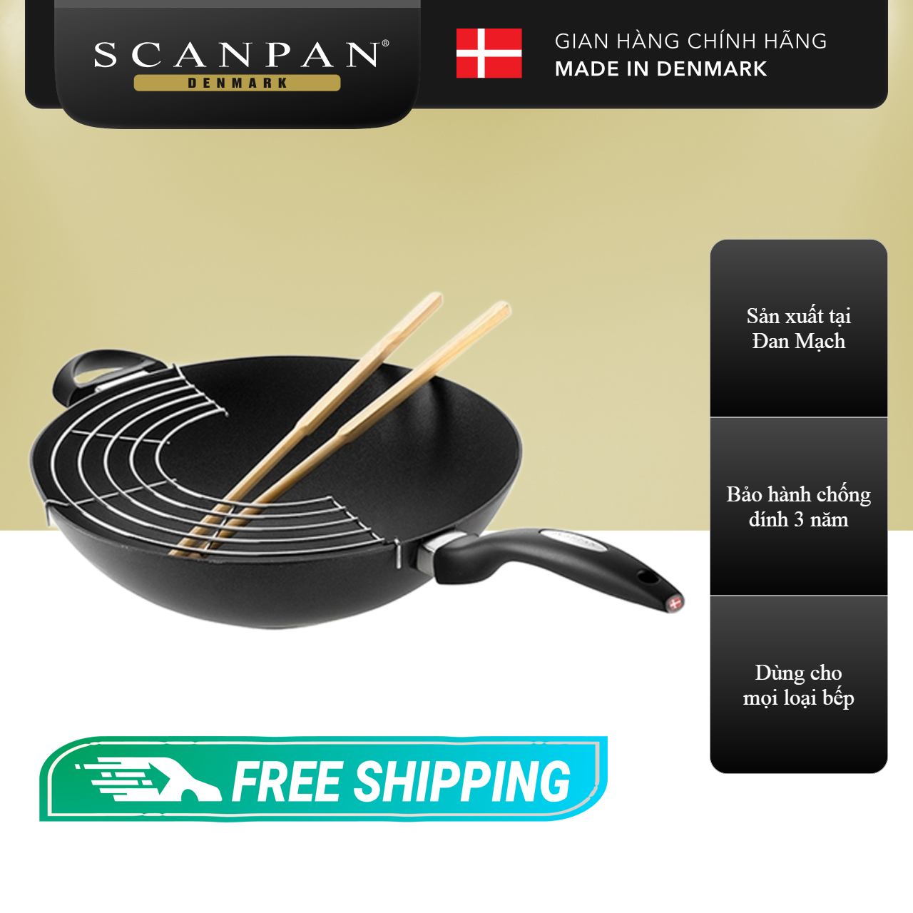 Chảo xào chống dính đáy từ Scanpan IQ 32cm 64303200 ( kèm đũa), bảo hành chống dính 3 năm, sản xuất tại Đan Mạch