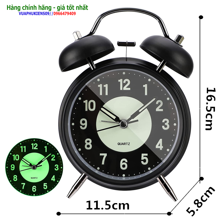 Đồng hồ kim loại dạ quang để bàn 2 quả chuông báo thức phong cách cổ điển