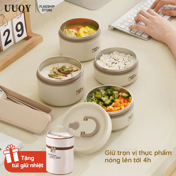 UUOY Hộp cơm giữ nhiệt inox thép không gỉ có thể dùng với lò vi sóng tặng kèm túi giữ nhiệt, hộp cơm văn phòng