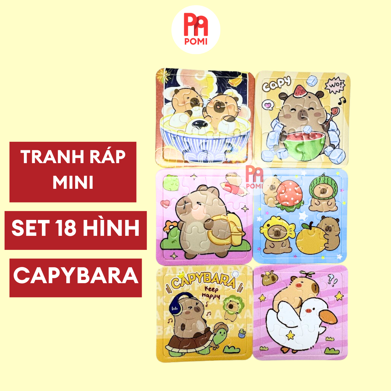 Set 18 tranh xếp hình mini Capybara cho bé 12 chi tiết - Đồ chơi trí tuệ, đồ chơi giáo dục - POMI