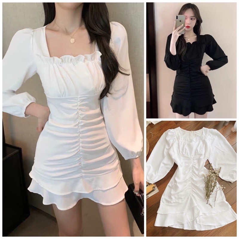 Đầm cổ u viền bèo rút nhún lai tầng