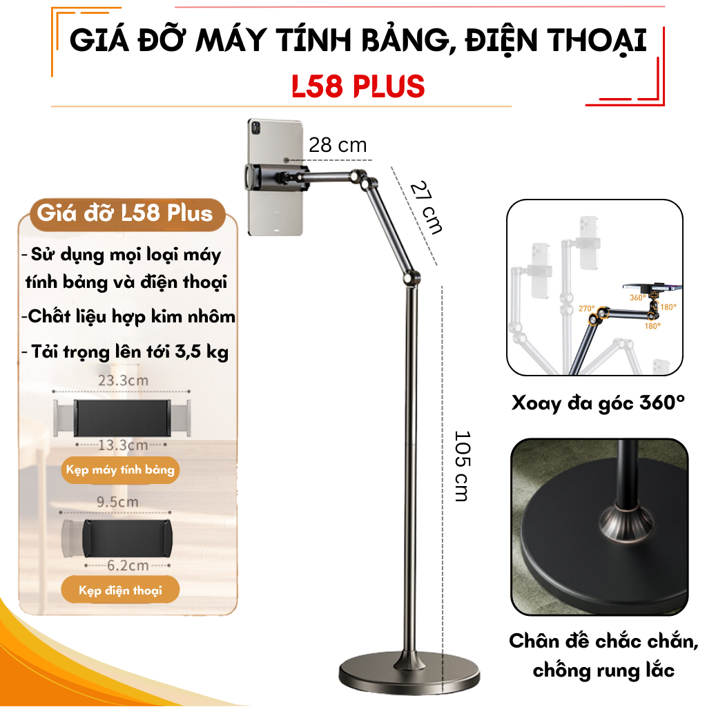 Giá đỡ ipad, điện thoại, máy tính bảng L58 plus - Tripod điện thoại - Gậy livestream , quay phim, chụp ảnh - giá đỡ ipad siêu bền cao 160cm