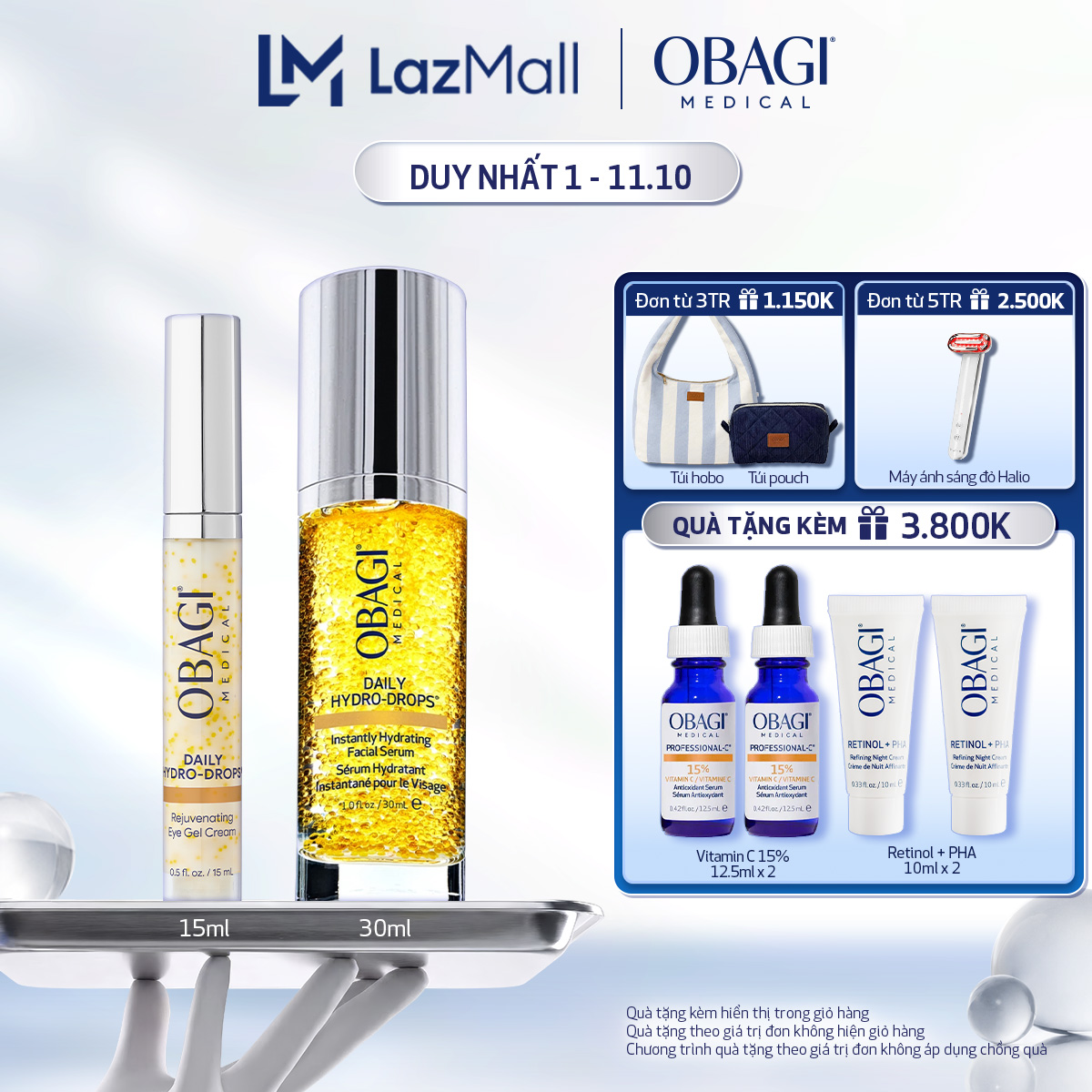 Bộ đôi Serum Cấp Nước Dưỡng Ẩm  Phục Hồi Da Obagi Daily Hydro-Drops 30ml và Kem dưỡng mờ nếp nhăn vùng mắt Obagi Medical Daily Hydro-Drops Rejuvenating Eye Gel Cream 15ml