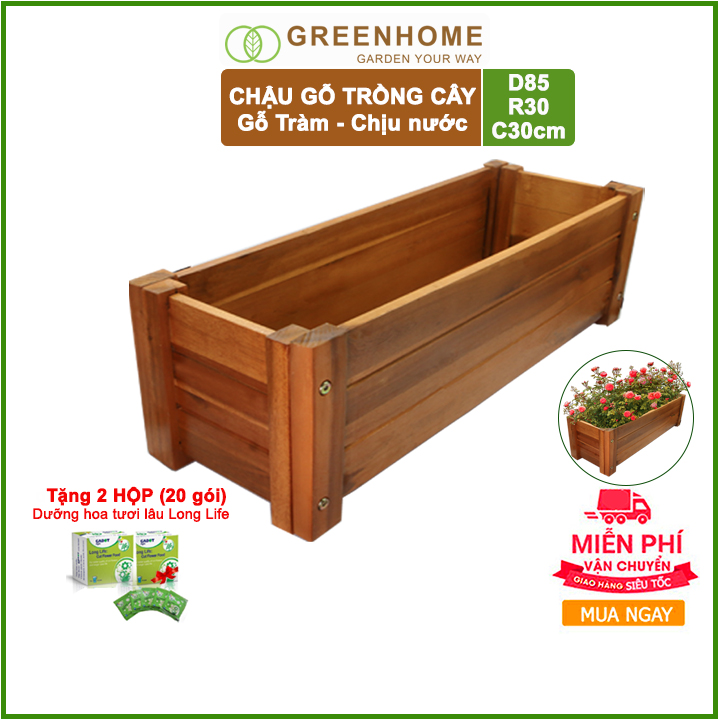 Chậu gỗ trồng cây Chữ Nhật D85xR30xC30cm- Gỗ Tràm- Chậu trồng hoa hồng - Tặng 2 hộp dưỡng hoa