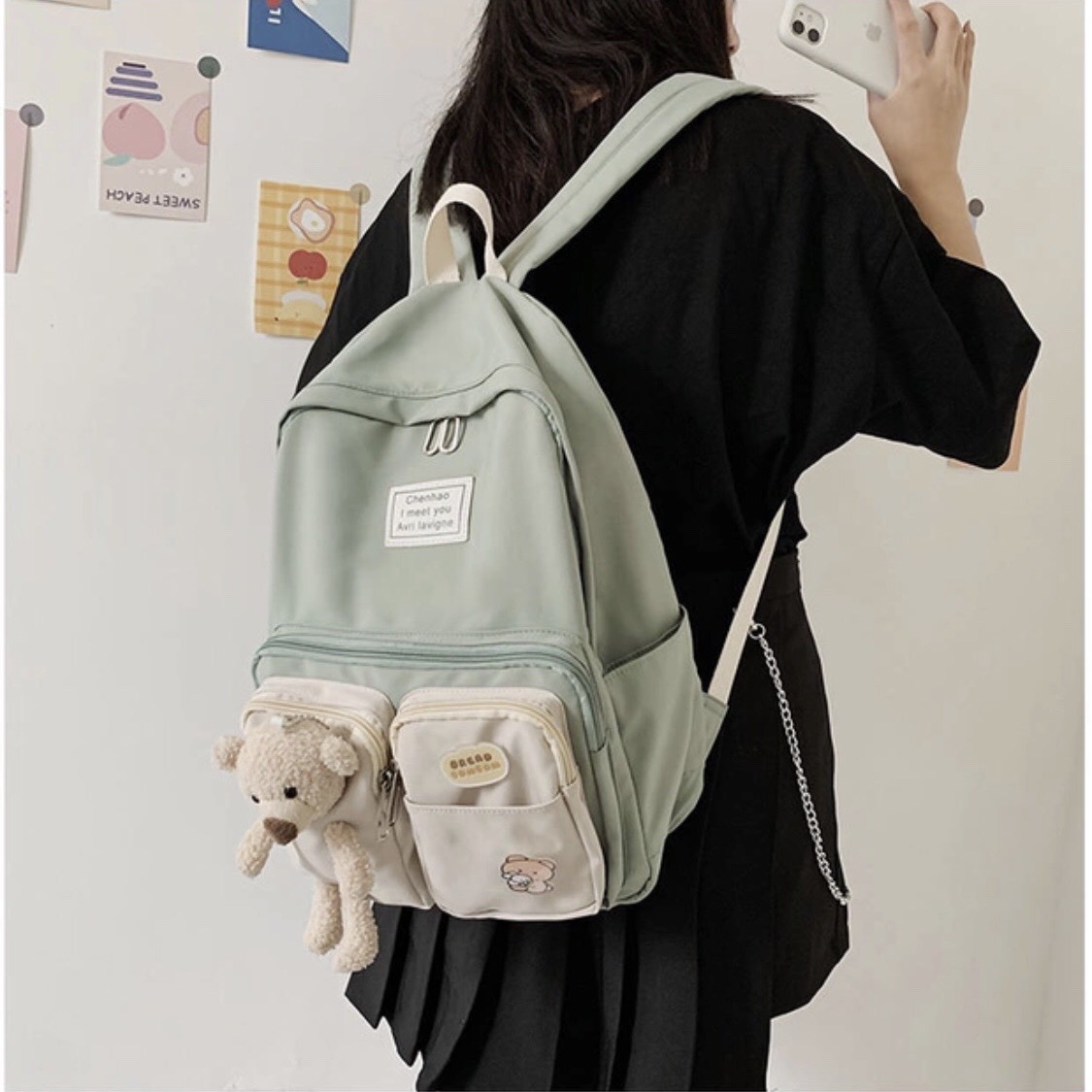 Balo đi học đi chơi siêu dễ thương - Cặp sách gắn gấu bông cute cực thu hút chất liệu dày dặn cao cấp