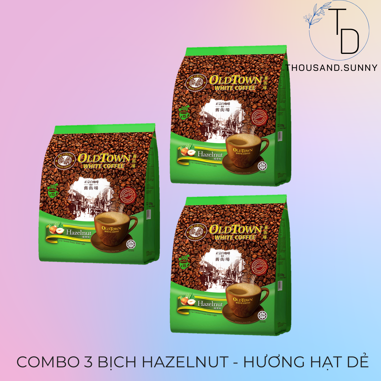 Combo 03 bịch cà phê old town white coffe hazelnut malaysia
