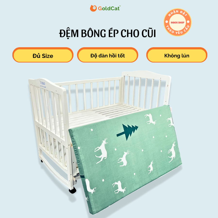 Đệm cũi cho bé thương hiệu Goldcat chất liệu bông ép cao cấp, độ dày tiêu chuẩn 5cm hỗ trợ phát triển hệ xương ở trẻ nhỏ.