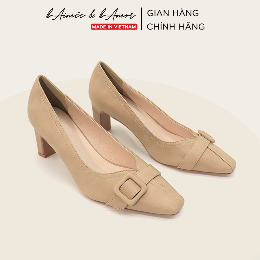 Giày cao gót nữ nơ khóa 7p đế vuông mũi vuông bít mũi thời trang công sở