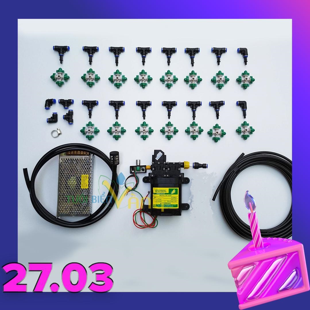 Bộ tưới lan tự động 15 béc phun sương và đầy đủ phụ kiện Bơm đôi tăng áp 12v kèm nguồn 10A có chiết áp điều chỉnh dòng