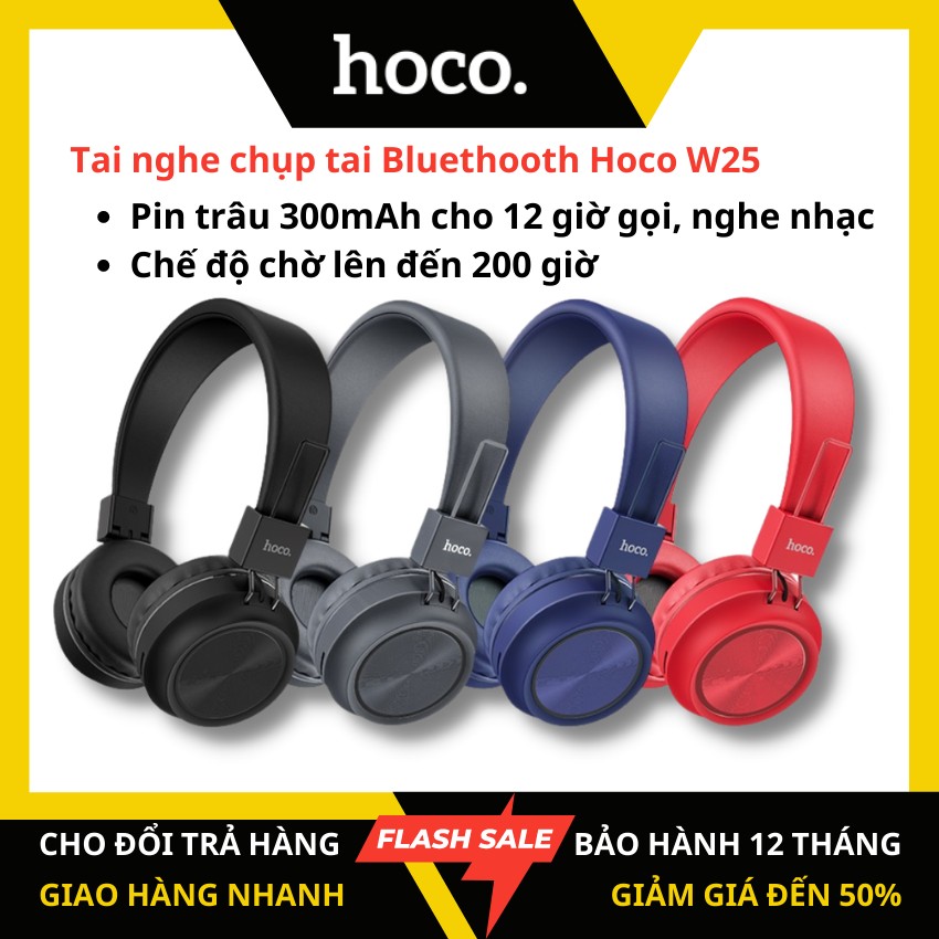 Tai nghe chụp tai bluetooth Hoco W25 pin trâu 300mAh cho 12 giờ, thời gian chờ 200 giờ, bass sâu hỗ trợ chân 3.5mm và thẻ nhớ TF - KAMTrading