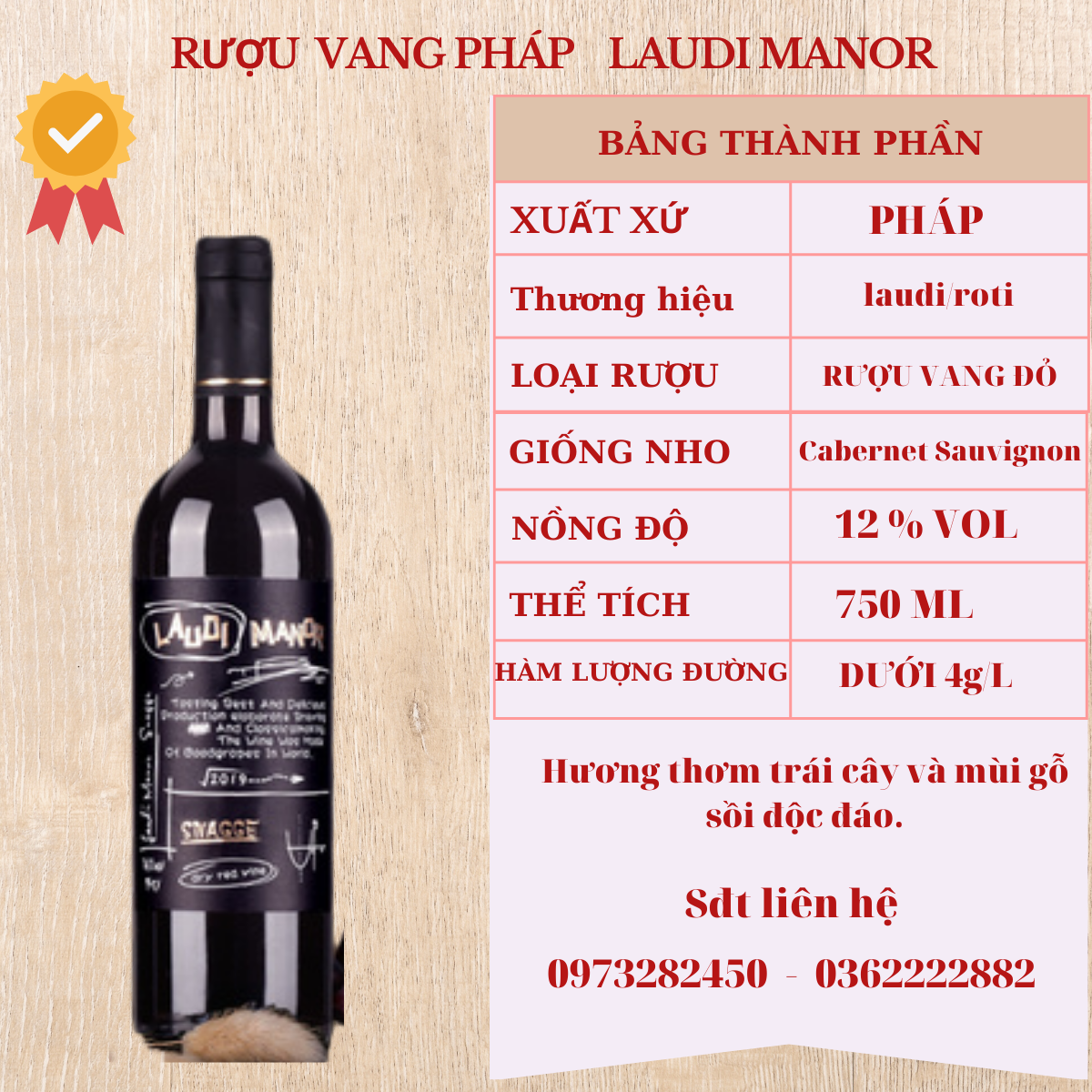 Vang đỏ laudi manor nhập khẩu pháp quý phái