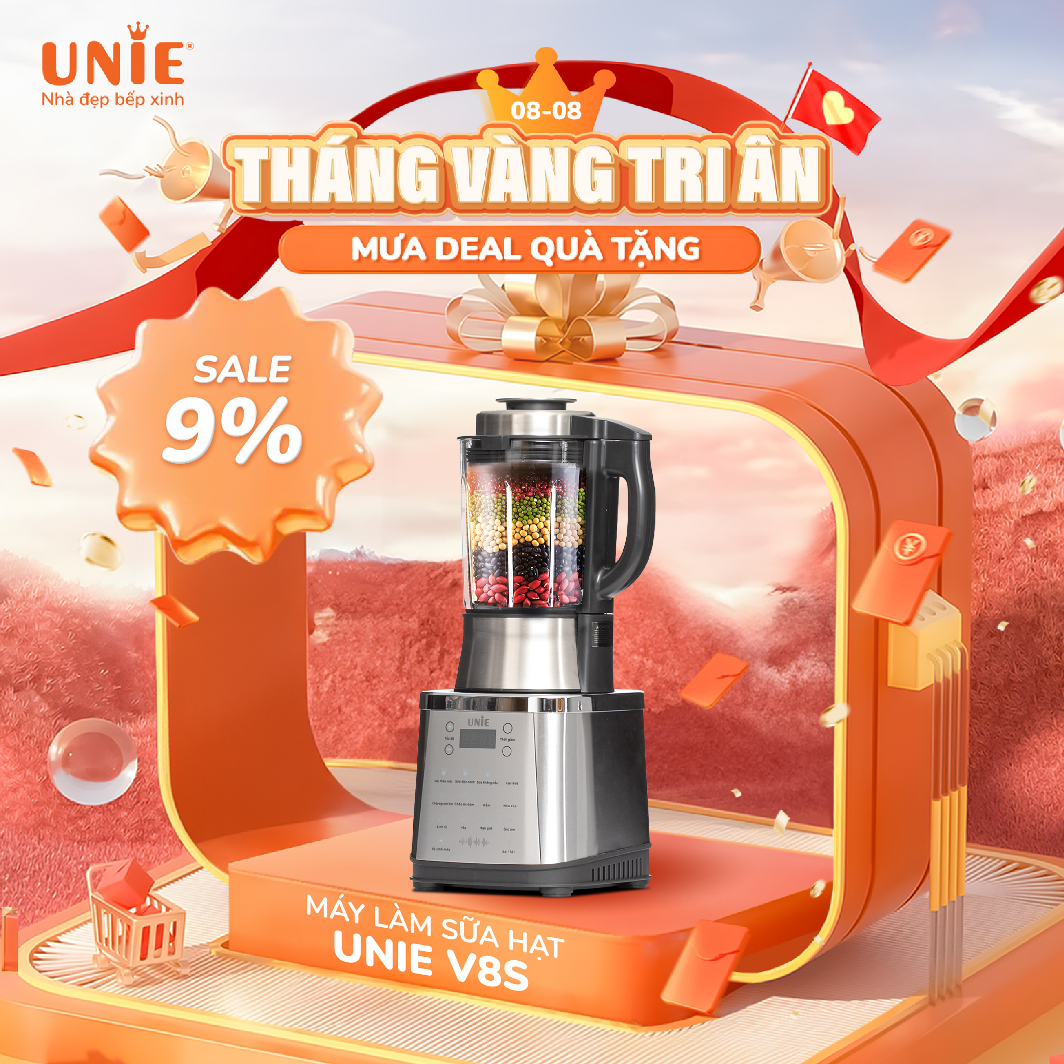 Máy làm sữa hạt Unie V8S, công suất 1800W, dung tích 1.75L, cối thủy tinh 5 lớp chịu nhiệt, lưỡi dao 8 cánh từ inox 304 xay nhuyễn mịn, chức năng thông báo bằng giọng nói Tiếng việt