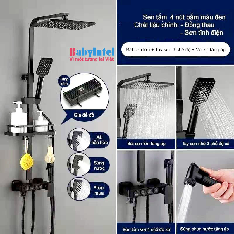 Bộ sen cây tắm đứng Nhật Bản , vòi hoa sen tắm đứng 4 phím Bấm màu đen - Hàng nhập Khẩu