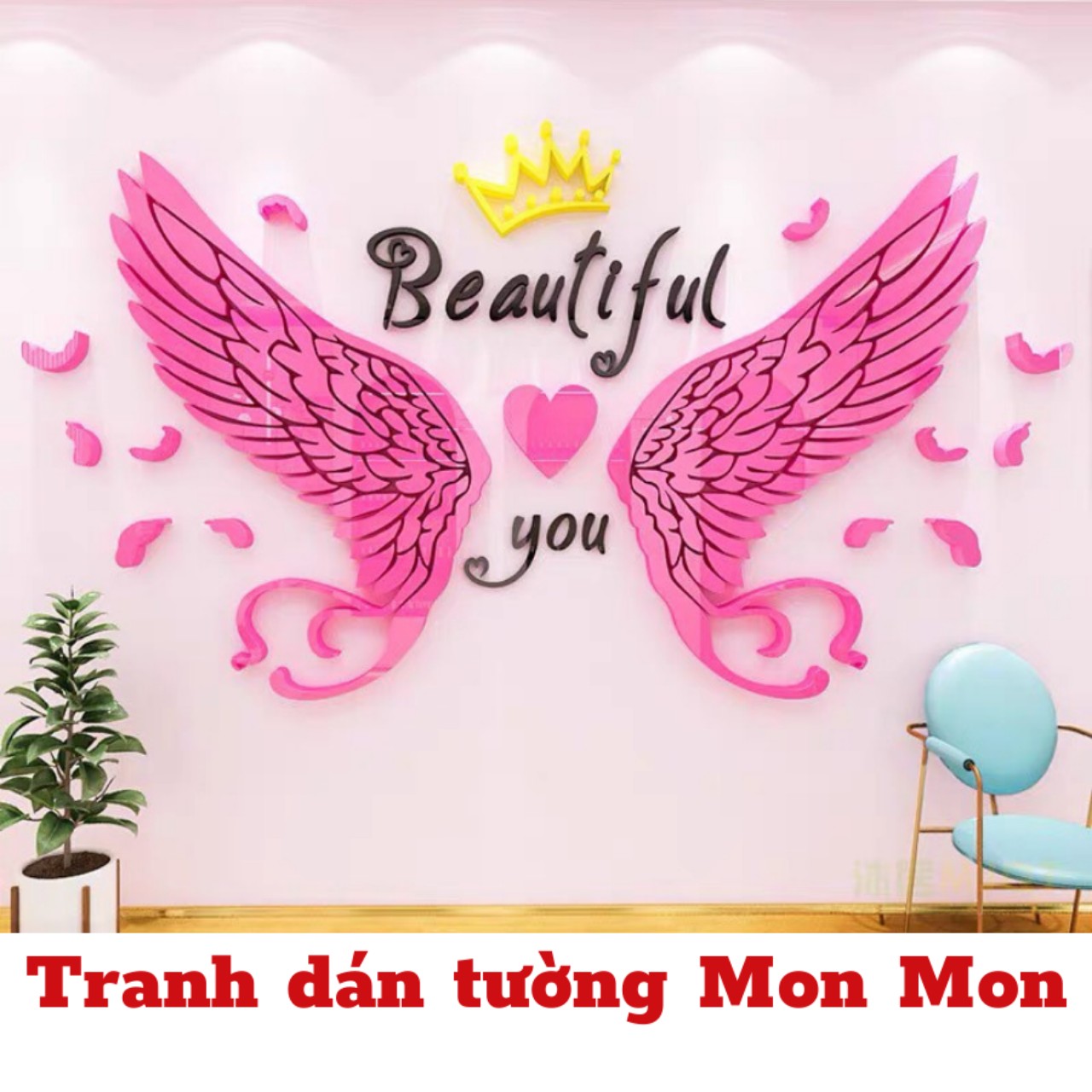 Tranh dán tường Mon Mon - decal mica 3D đôi cánh thiên thần, decor phòng ngủ, phòng chụp hình cực đẹp