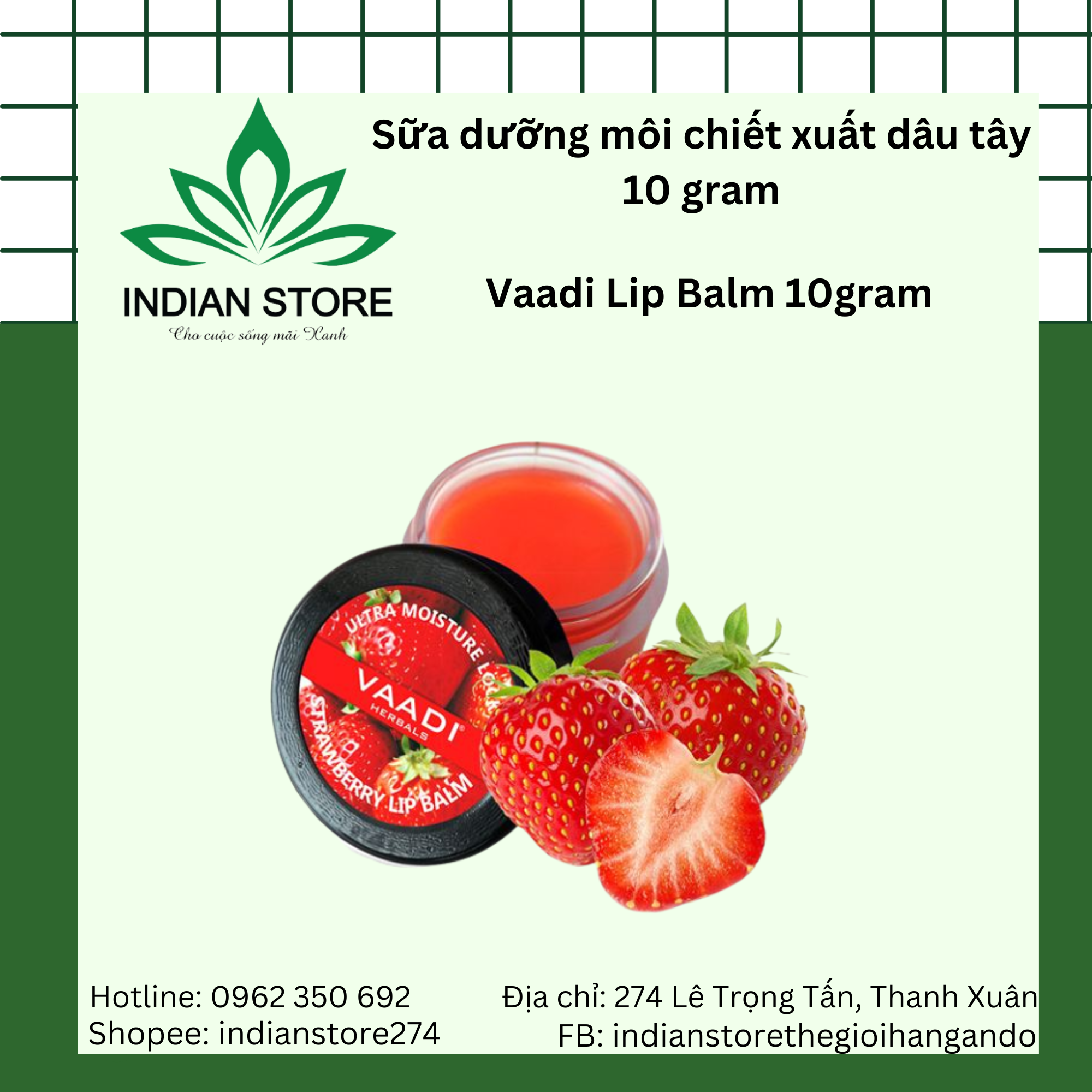 Son dưỡng môi chiết xuất dâu tây- Vaadi Lipbalm 10gr