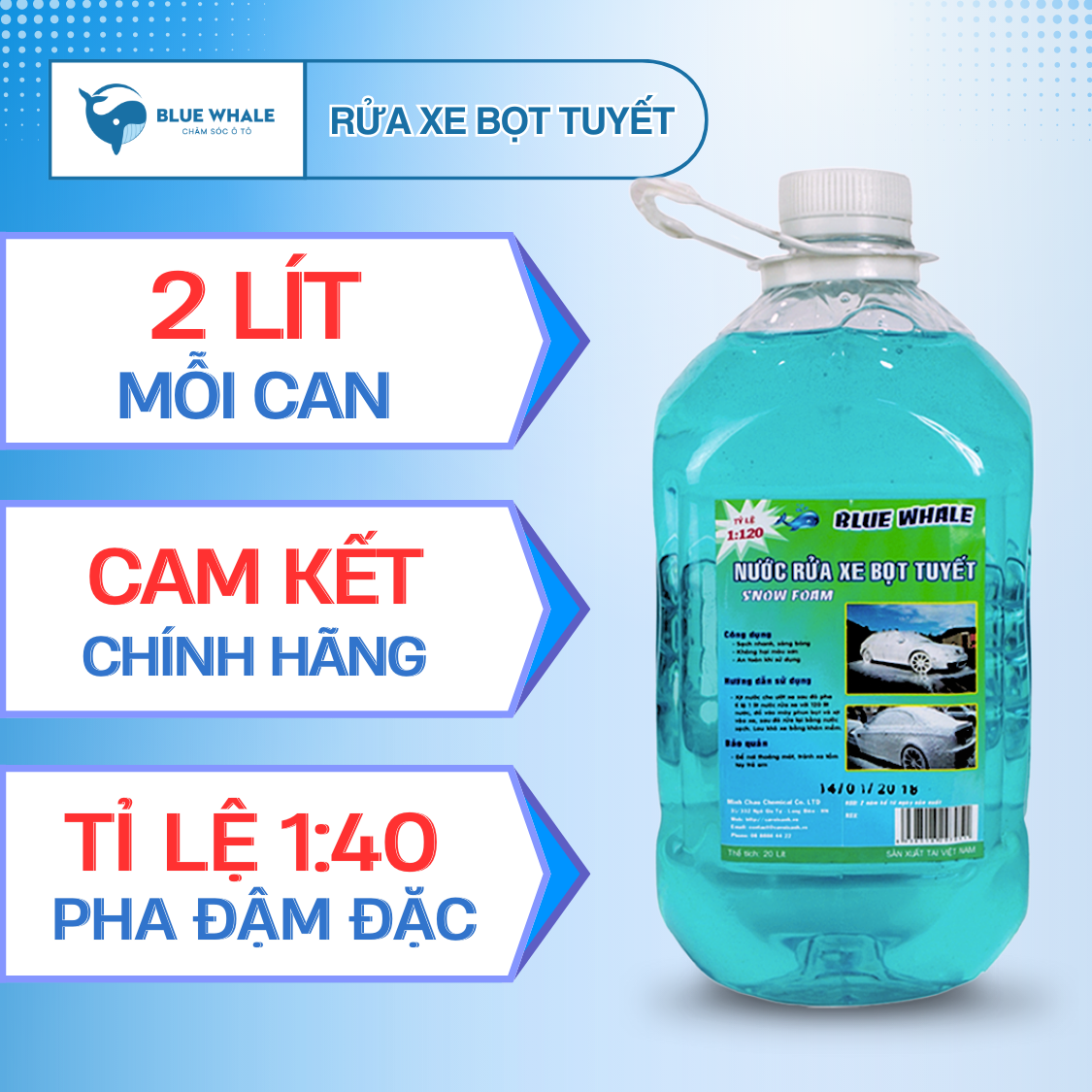 Nước rửa xe bọt tuyết đậm đặc BlueWhale 2 lít, pha tỉ lệ 1:40, sử dụng với máy tạo bọt tuyết trắng