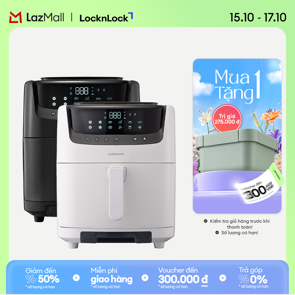 0% Installment Payment - 2-in-1 Lock&Lock 7L Ejf881 Oil-Free Fryer with Steamer - Black/White - 8 Cooking Modes, Steam Cleaning, 2-Year Warranty