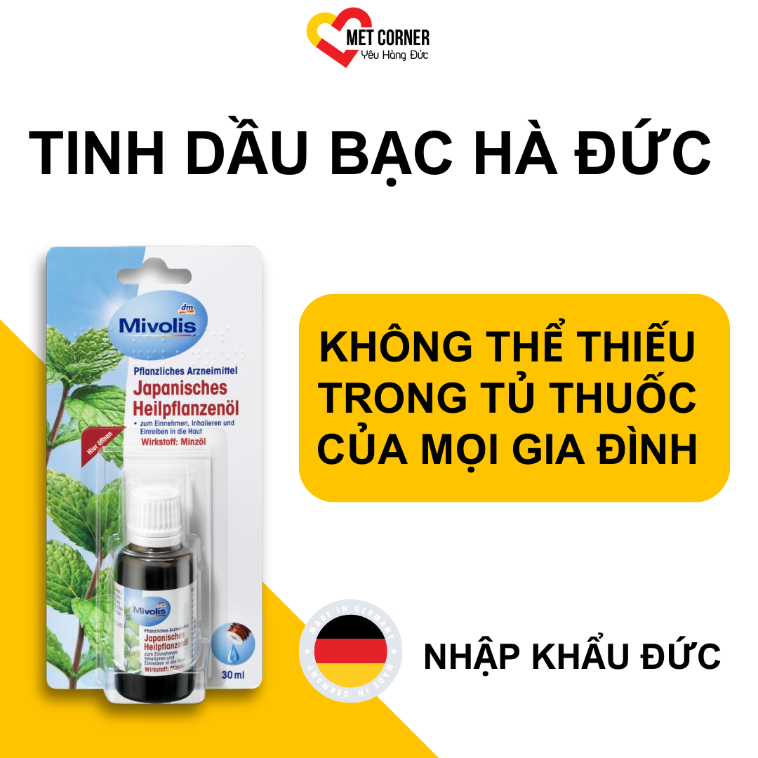 TINH DẦU XÔNG GIẢM VIÊM HỌNG, VIÊM MŨI  XOA BÓP ĐAU NHỨC - Tinh dầu bạc hà Đức  - Mivolis trị cảm cúm sát khuẩn cổ họng - Met Corner - Yêu hàng Đức