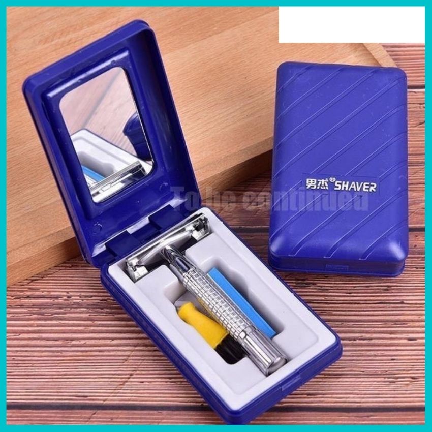 Dao Cạo Râu 2 Lưỡi Kèm Hộp Cao Cấp, Tặng Kèm 1 Lưỡi Lam, 1 Cọ Vệ Sinh, Hộp Có Gương Tiện Dụng, Inox Không Gỉ An Toàn Với Người Dùng