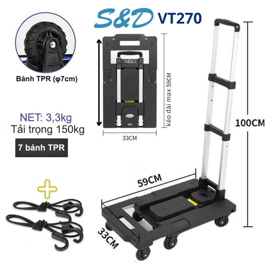 Xe đẩy hàng đa năng 7 bánh S&D VT270 có thể kéo dài sàn chịu tải max 150kg KÈM 2 dây chun móc
