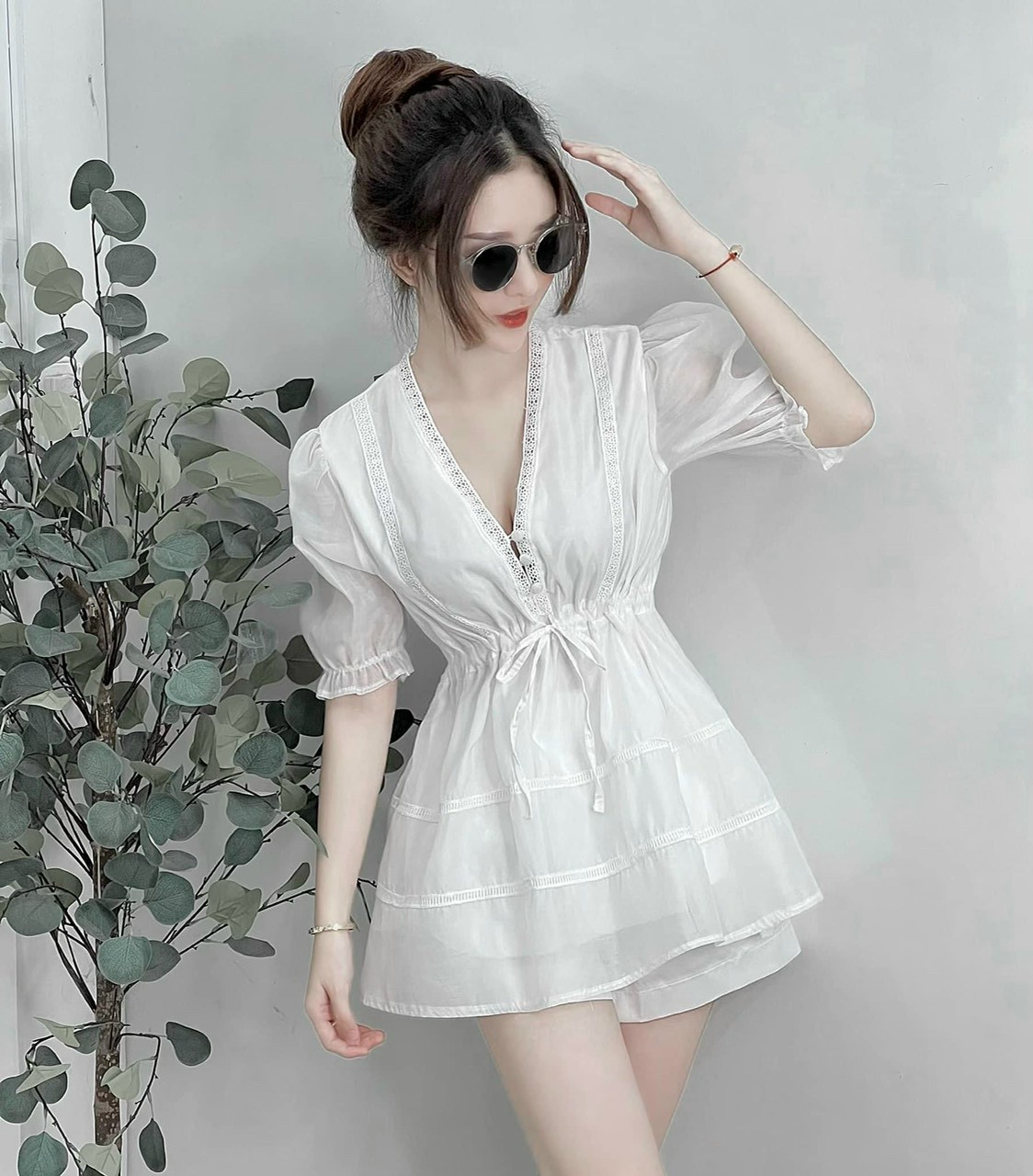 Sét bộ áo phối ren cổ V tay ngắn cột nơ eo dễ thương
