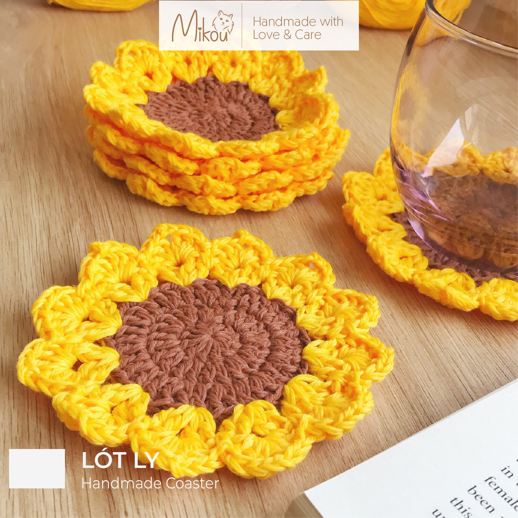 Lót ly handmade bằng cotton thấm hút nước, lót ly hoa hướng dương, lót cốc, mikou shop